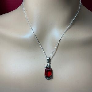 Sterling Silver Necklace with a Red Stone and Marcasite. 19.25 inches long